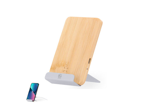15W wireless charger with smartphone holder function, made of bamboo and recycled aluminium - Dimitry Personalised