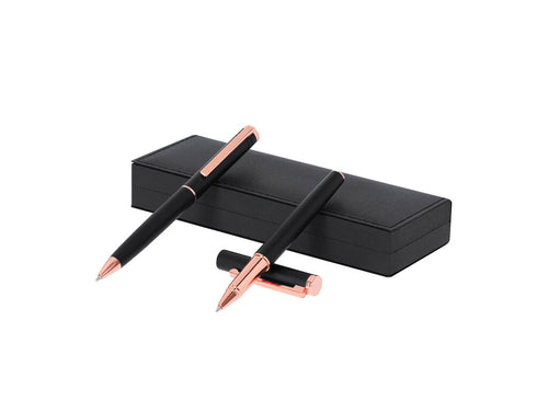 Distinctive ball pen and roller pen set, both designed with elegantmatte black aluminum bodies and rose gold decorative elements - Blexa Personalised