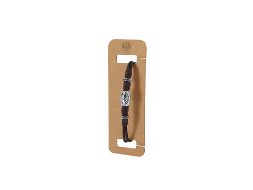 Brown leather bracelet decorated with waxed cotton cords and silver-plated beads, one of them with the peace symbol - Luco Personalised
