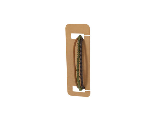 Bracelet made of leather, designed with the combination of three cords: light brown leather with a smooth finish, a central cord with green glass beads, and a third cord of braided brown leather - Sonja Personalised