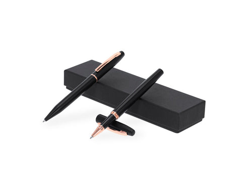 Ball pen and roller pen set made of Recycled Aluminium, in elegant matte black design with distinguished pink gold fittings - Mobex Personalised