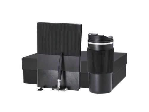 Set Di Blocchi E Quaderni Mirka Personalizzato - Elegante set premium composto da: Thermos tumbler in acciaio inossidabile a doppia parete da 470 ml in elegante nero