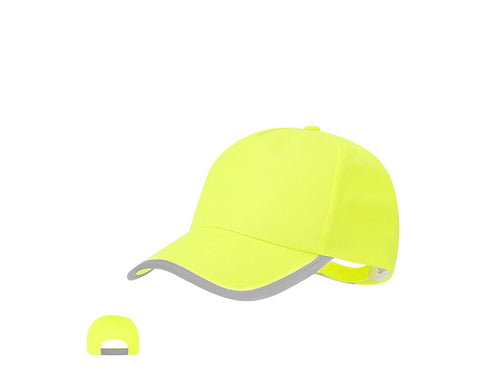 Children's sports cap made from soft polyester in a two-tone design with fluorescent yellow and reflective profile on the visor and closure - Sommer Personalised