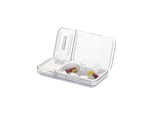 Pill organizer with 4 inner compartments, safety closure with silicone edges, and cutter for splitting pills - Darkan Personalised
