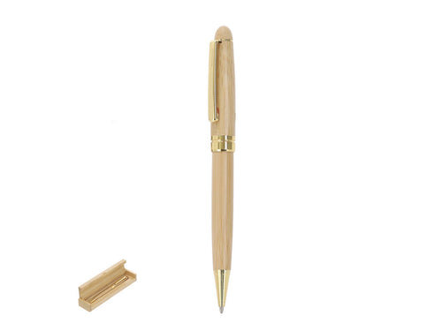 Elegant pen made from a combination of natural bamboo and metallic elements with a golden finish, with a rotating mechanism and blue ink - Holan Personalised