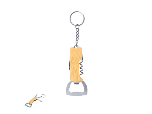 Keychain bottle opener made of bamboo and stainless steel, with a bottle opener and corkscrew, includes a knife and metal ring for keys - Jilar Personalised