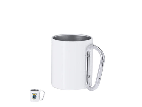 220ml stainless steel mug, with a body of shiny white metallic finish and a functional carabiner-shaped handle for easy transport - Beesbur Personalised