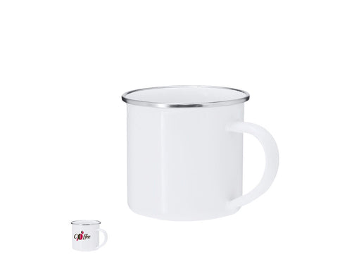 Metal mug with a capacity of 200 ml with a vintage design and glossy white finish with an elegant chrome detail on the edge - Deriox Personalised