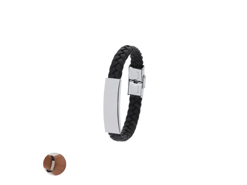 Black synthetic leather bracelet adorned with a plate made of polished stainless steel in flat design - Mubark Personalised