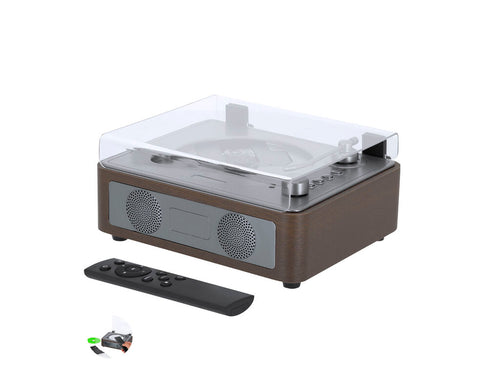 Retro CD player made from wood, allowing you to enjoy music while the disc spins under its clear acrylic cover - Hopson Personalised
