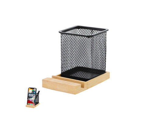 Metal mesh pen holder with a natural bamboo base - Manish Personalised