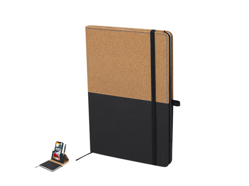 Notebook with rigid covers made from a combination of recycled PU and cork, with a versatile magnetic support in the cork lid for mobile devices - Suttony Personalised