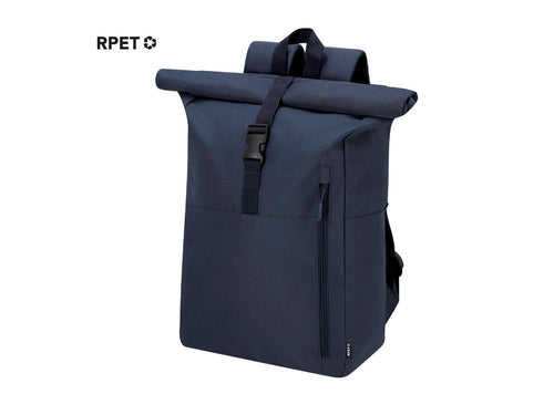 Backpack made of durable 300D RPET with roll-top closure and buckle - Wendell Personalised