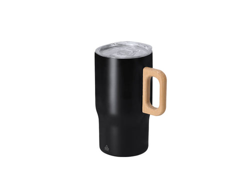 Thermal mug in Recycled Stainless Steel with double wall capacity with 400 ml capacity and rigid wooden handle for greater comfort - Zaran Personalised