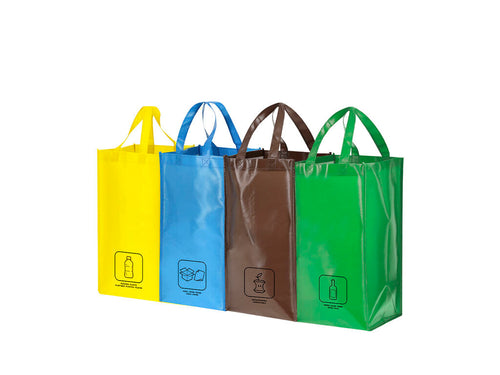 Borse In Tnt Kunar Personalizzato - Set di 4 sacche per la raccolta differenziata nei colori giallo, verde, blu e marrone, realizzate in resistente Non-woven laminato da 125 g/m² con finitura lucida