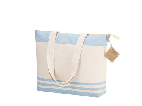 Bag made mainly of 300 g/m2 recycled cotton in an elegant natural tone with horizontal striped design in color - Tanor Personalised