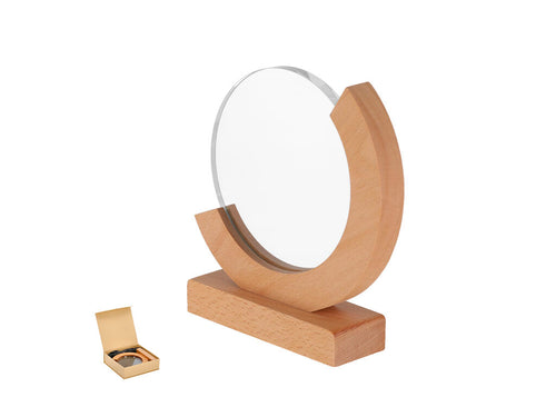 Trophy plate made of thick glass with an elegant circular design with a wooden base - Xiflex Personalised
