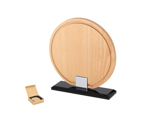 Trophy plaque with round design made of wood with a glass base - Vererol Personalised