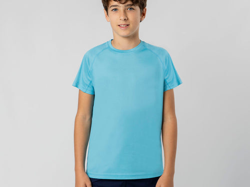 Short sleeve technical children's raglan t-shirt, made of 100% polyester waffle interlock fabric, incorporates Cool Dry technology, which promotes breathability and quick drying - Cocker Personalised