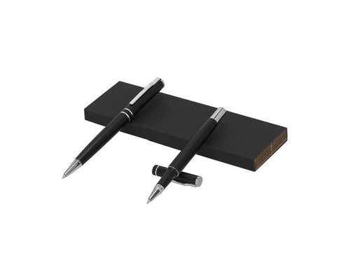 Set of pen and roller made of Recycled Aluminum, in elegant matte black design with distinguished accessories in silver finish - Yonder Personalised