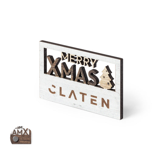 Genuine Merry Christmas magnet made of natural wood, with die-cut text and original bicolor finish - Lambet Personalised