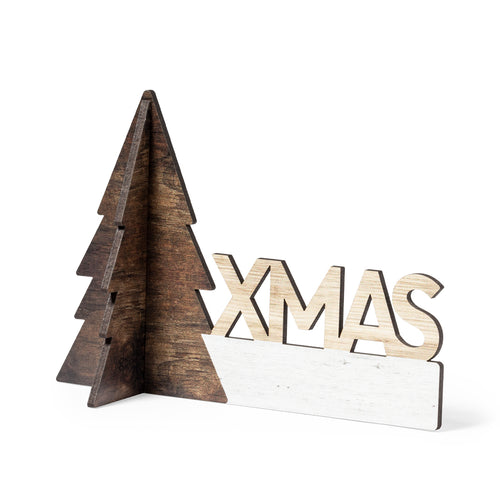Christmas ornament with Christmas tree design, made of natural wood, with die-cut XMAS text and original bicolor finish - Gemind Personalised