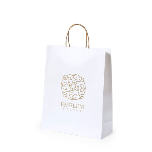Paper bag with a white 100 g/m² finish, featuring short reinforced natural‑tone handles and gussets on the base and sides - Taurel Personalised