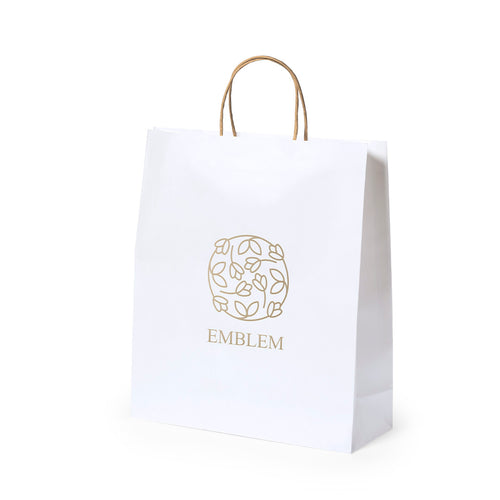 Paper bag with a white 100 g/m² finish, featuring short reinforced natural‑tone handles and gussets on the base and sides - Cynthia Personalised