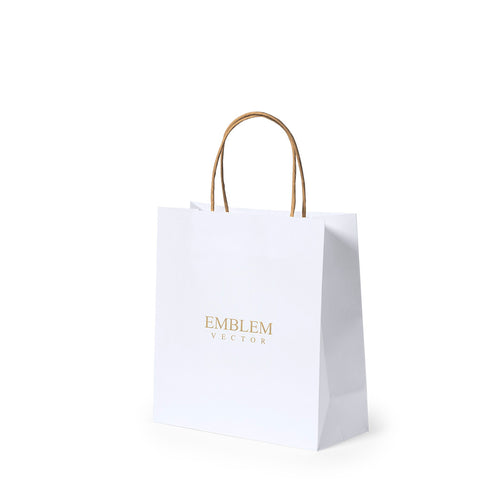 Paper bag with a white 100 g/m² finish, featuring short reinforced natural‑tone handles and gussets on the base and sides - Yeman Personalised