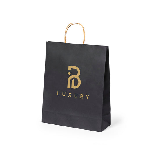 Paper bag with a black 100 g/m² finish, featuring short reinforced natural‑tone handles and gussets on the base and sides - Linel Personalised