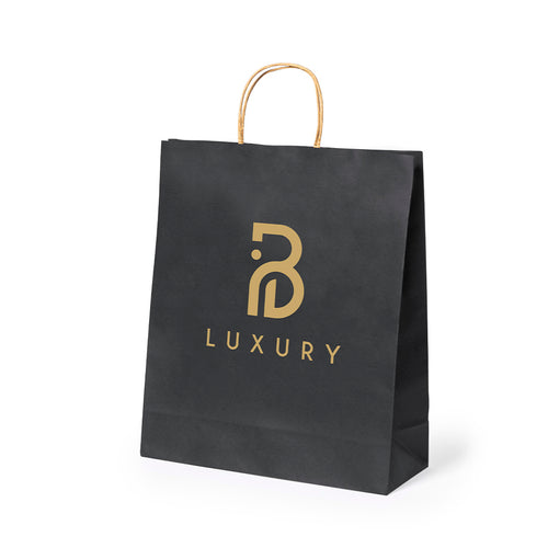 Paper bag with a black 100 g/m² finish, featuring short reinforced natural‑tone handles and gussets on the base and sides - Mepus Personalised