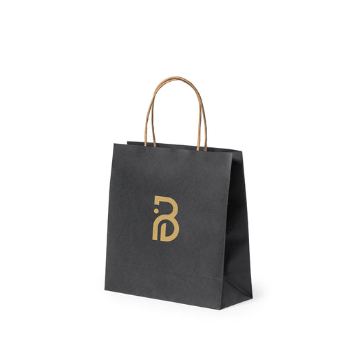 Paper bag with a black 100 g/m² finish, featuring short reinforced natural‑tone handles and gussets on the base and sides - Fortis Personalised