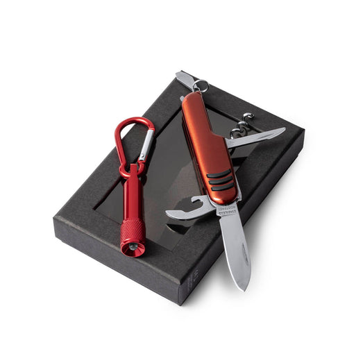 Set of aluminum knife with 7 functions and carabiner flashlight - Sufli Personalised