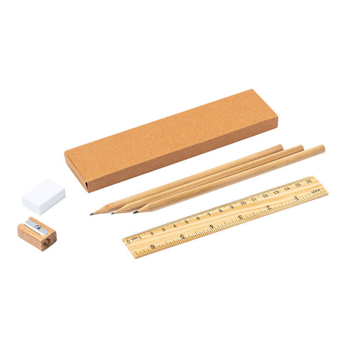 Set of 6 pieces with 3 wooden pencils with natural round body and black lead, 20cm ruler with metric system in centimeters/inches, eraser and pencil sharpener - Dony Personalised