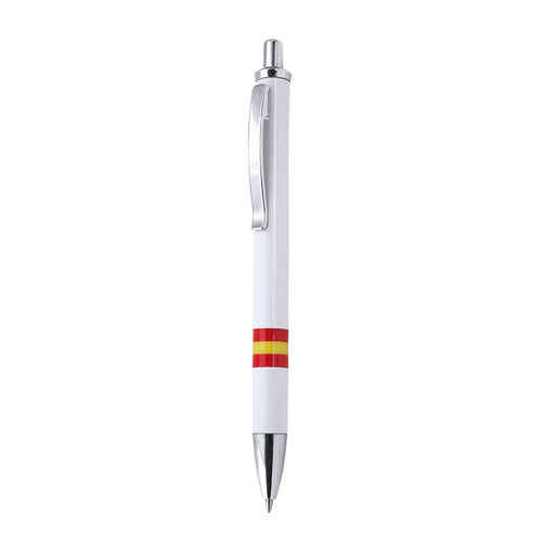 Push-uper ball pen in a stylish bicolor design with glossy silver details and a smooth body in glossy white with the national Spanish flag - Horten Personalised