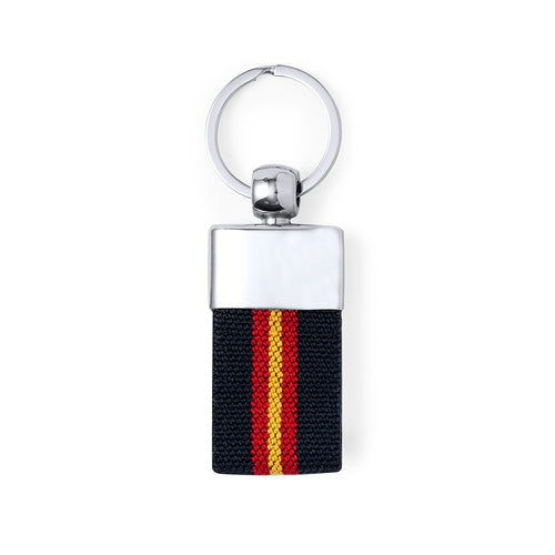 Polyester keychain with Spanish flag accessories on the strap and metal reinforcement in shiny silver finish - Vinger Personalised