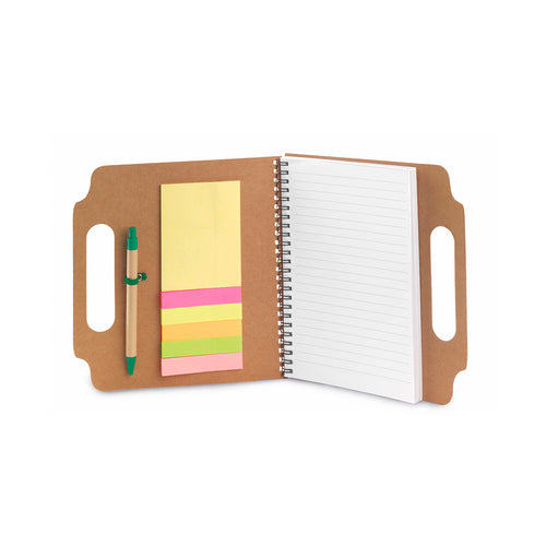 Ring sticky notepad with recycled cardboard ball pen included - Makron Personalised