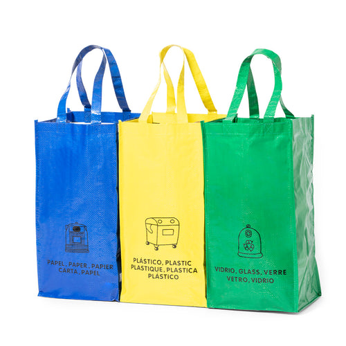 Set of 3 yellow-green-blue recycling bags in resistant laminated pp-woven in 125g/m2 glossy finish - Lopack Personalised