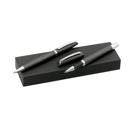Elegant set of ball pen with twist mechanism and roller with hood in sober design - Lumix Personalised