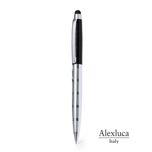 Pointer ball pen by Alexluca with twist mechanism, soft metal body and elegant combination of colors in silver and black - Lantey Personalised