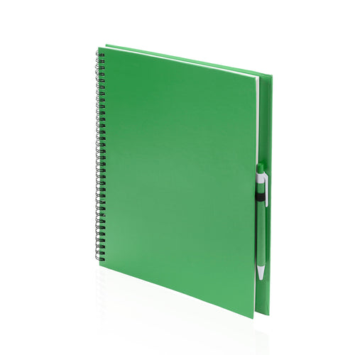 Ring notebook with soft-touch covers in resistant recycled cardboard and ball pen in matching color recycled cardboard - Tecnar Personalised
