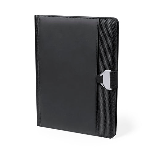 Technological folder in an elegant combination of polyester and soft PU leather, with an eye catching metal closure - Bretux Personalised
