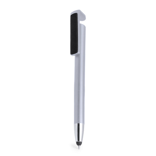 Multifunction ball pen with push-up mechanism and dual-function clip especially designed to function as a holder for mobile devices and also as a screen cleaner - Finex Personalised