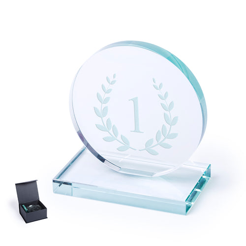 Thick glass trophy plate with elegant circular design and square base - Owen Personalised