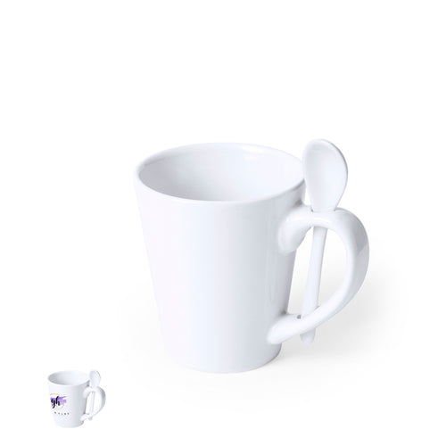 350ml ceramic mug in white color and with built-in ceramic spoon in the handle - Kaffir Personalised