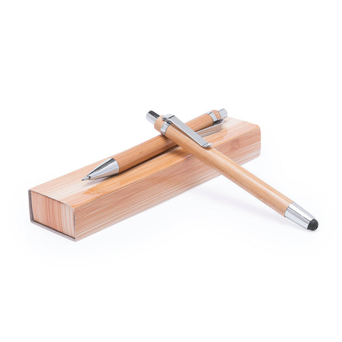 Set of push-up mechanism ball pen and mechanical pencil in an original combination of natural bamboo wood and metallic finish accessories in shiny silver color - Heleon Personalised