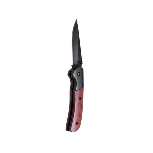 High quality knife with black stainless steel blade and natural wood handle with safety lock - Dertam Personalised