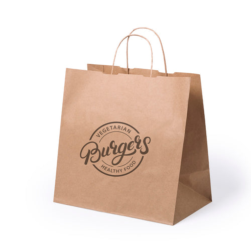 Paper bag with a natural finish of 80 g/m², featuring short reinforced handles and base and side gussets - Take Away Personalised