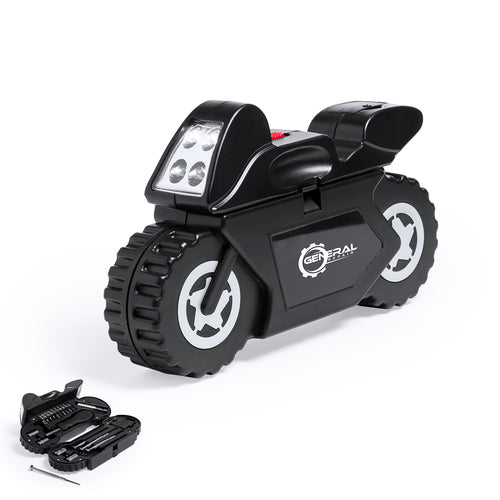 Tool set of 14 accessories in resistant case with motorcycle design, with built-in 4 LED flashlight - Mostik Personalised