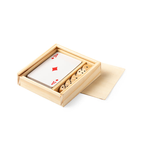 Set of board games with french cards and 4 wooden dices, presented in an individual wooden case with sliding cover - Pelkat Personalised